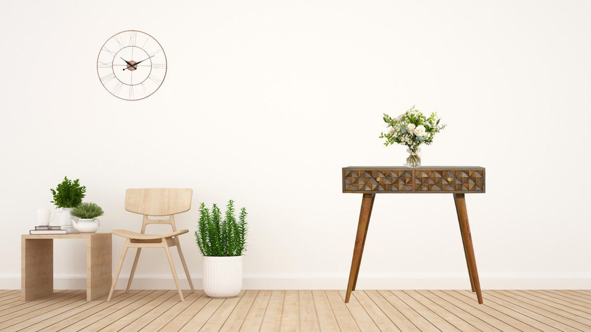 Diamond Carved Console Table | Oak Solid Mango Wood Hand-Carved