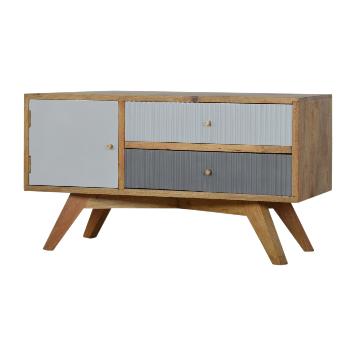 Line Grey Painted TV Media Unit | Oak-Ish Solid Mango Wood