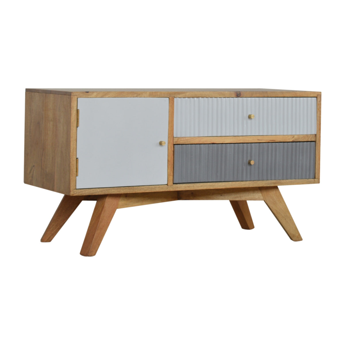 Line Grey Painted TV Media Unit | Oak-Ish Solid Mango Wood