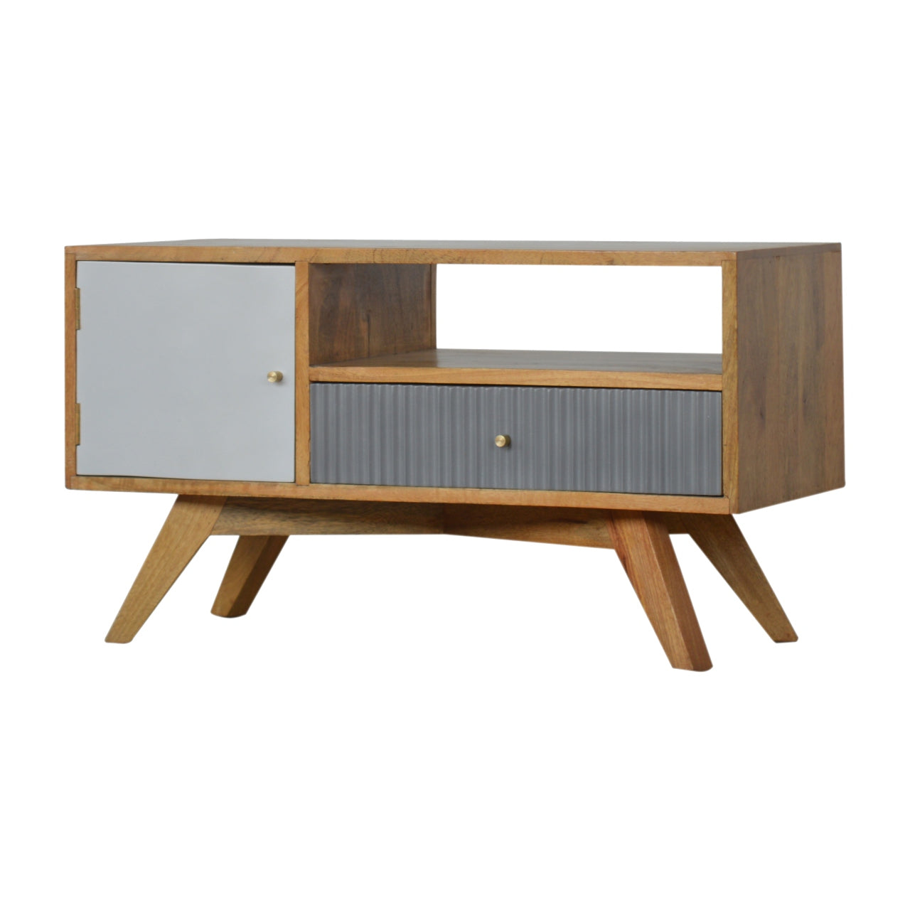 Line Grey Media Unit with Open Slot | Oak-Ish Solid Mango Wood