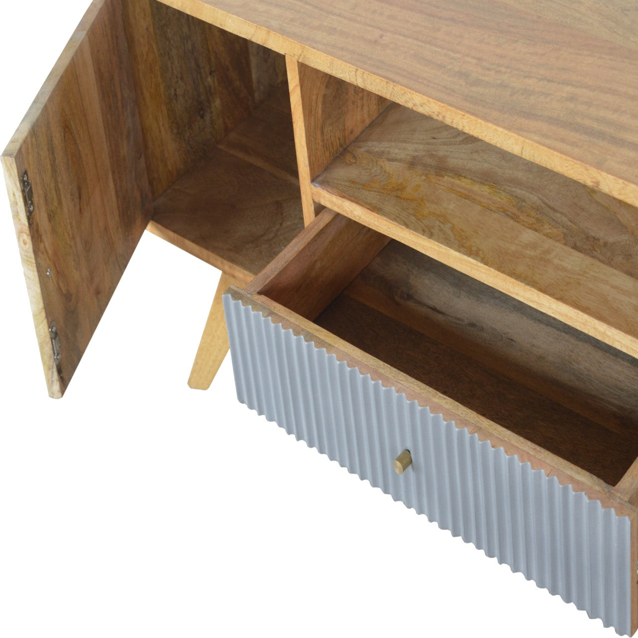 Line Grey Media Unit with Open Slot | Oak-Ish Solid Mango Wood