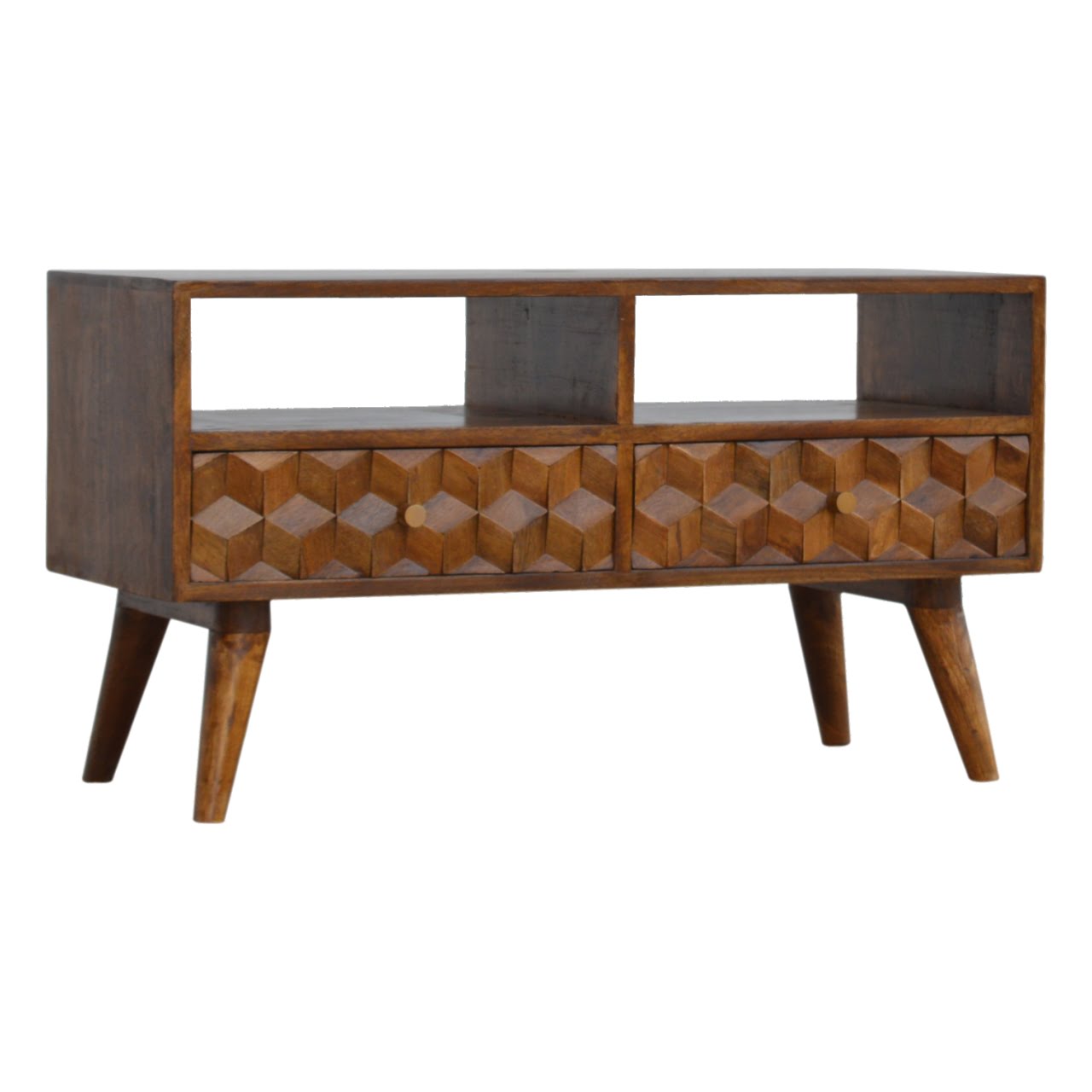 Chestnut Cube Carved TV Unit Chest of Drawers | Hand-Carved