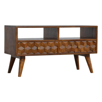 Chestnut Cube Carved TV Unit Chest of Drawers | Hand-Carved