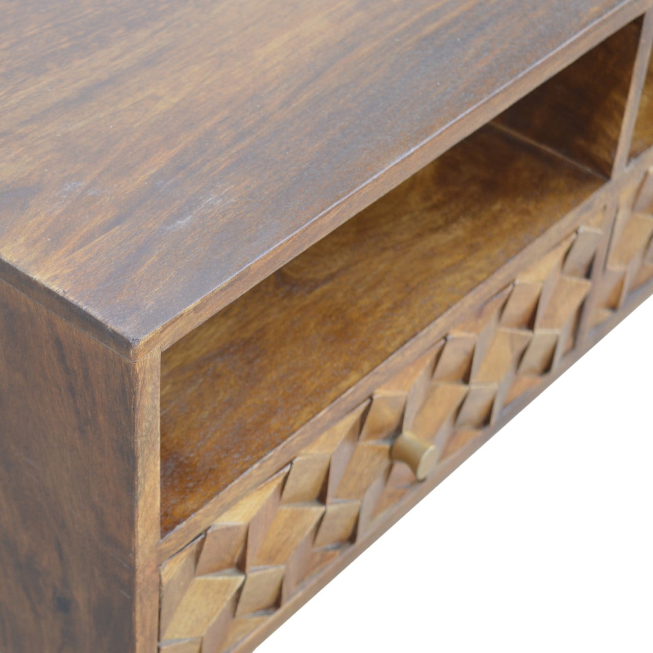 Chestnut Cube Carved TV Unit Chest of Drawers | Hand-Carved