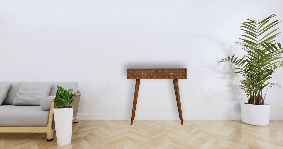 Chestnut Diamond Carve Console Chest of Drawers | Hand-Carved