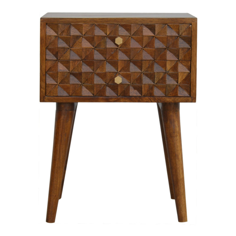 Diamond Carved Chestnut Bedside Table | Hand-Carved