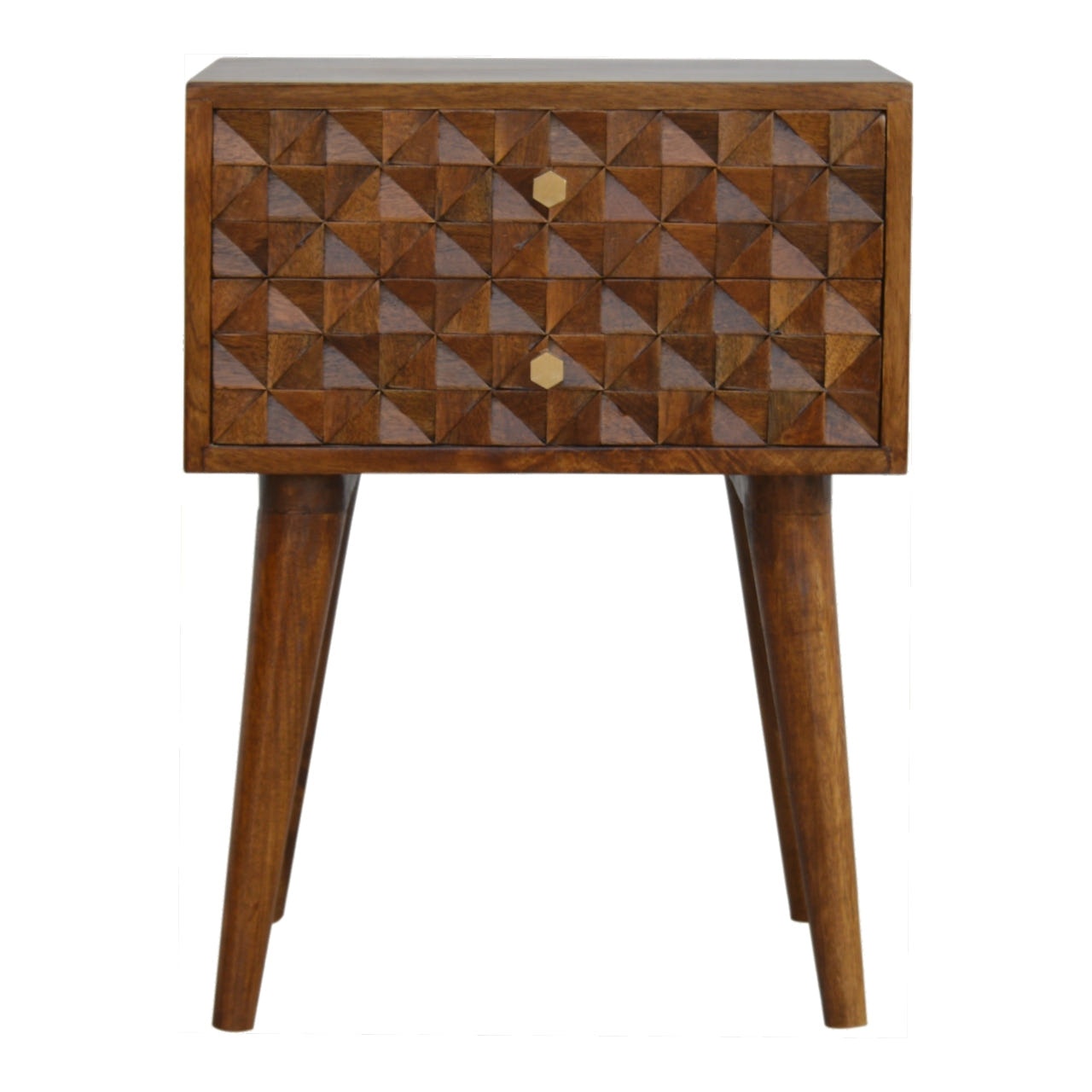 Diamond Carved Chestnut Bedside Table | Hand-Carved