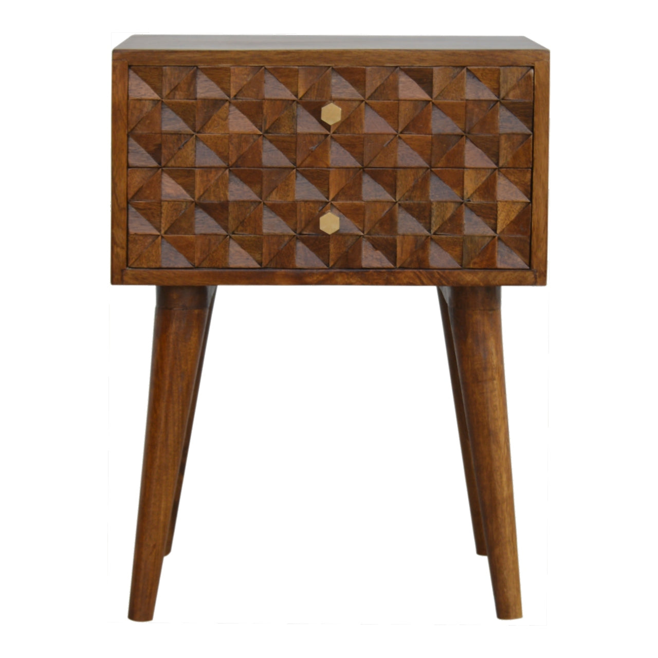 Diamond Carved Chestnut Bedside Table | Hand-Carved