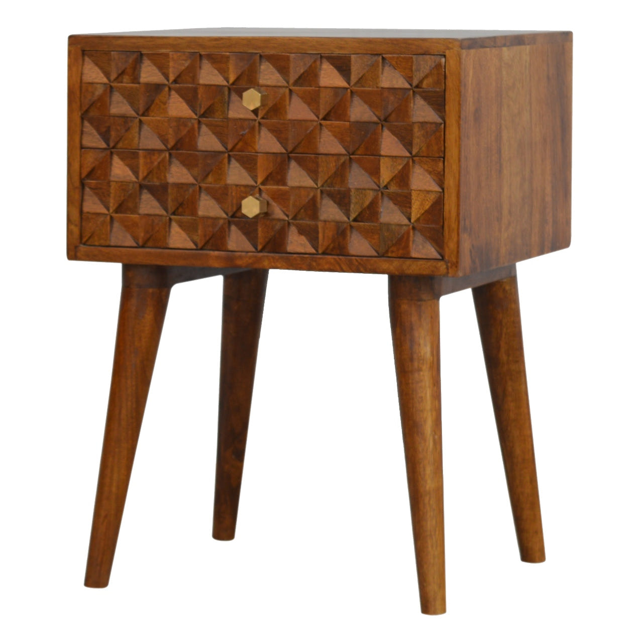 Diamond Carved Chestnut Bedside Table | Hand-Carved