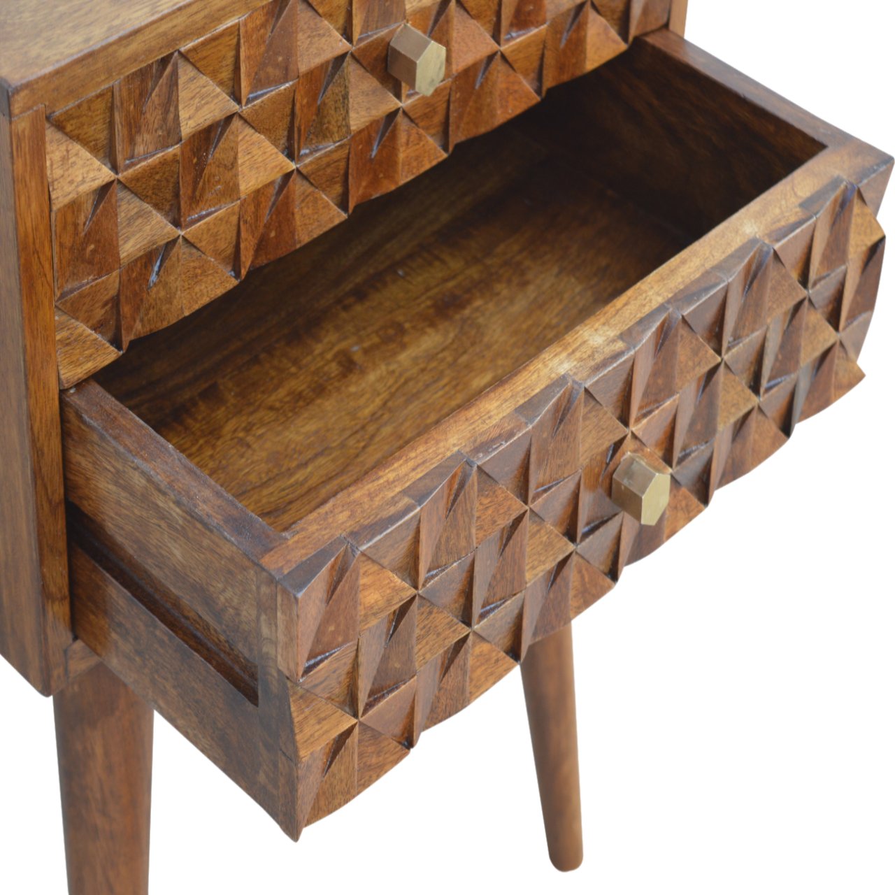 Diamond Carved Chestnut Bedside Table | Hand-Carved