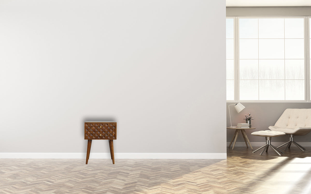 Diamond Carved Chestnut Bedside Table | Hand-Carved