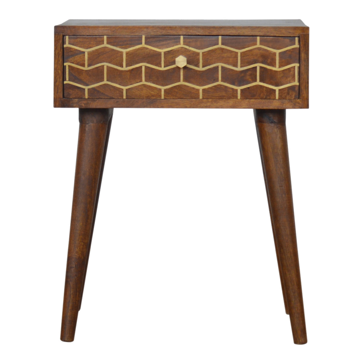 Gold Art Pattern Bedside Table | Chestnut Solid Mango Wood