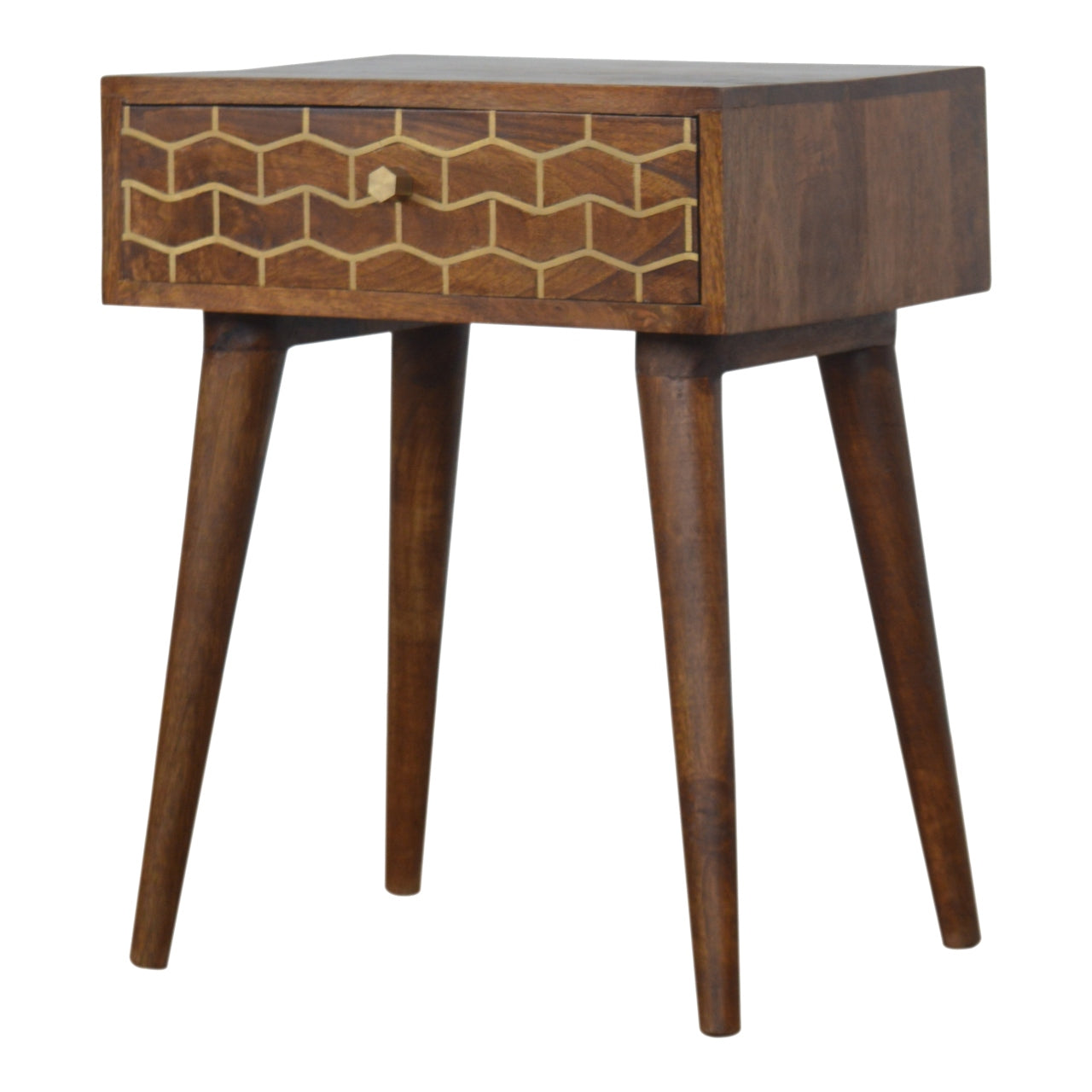 Gold Art Pattern Bedside Table | Chestnut Solid Mango Wood