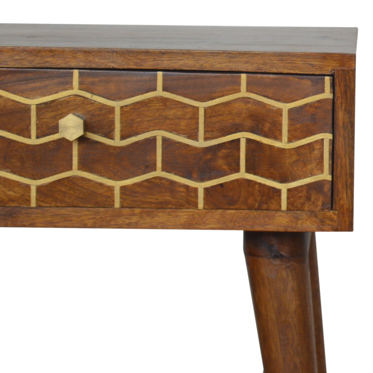Gold Art Pattern Bedside Table | Chestnut Solid Mango Wood
