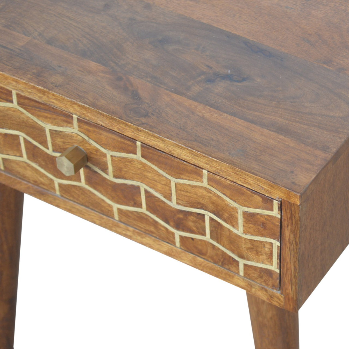 Gold Art Pattern Bedside Table | Chestnut Solid Mango Wood