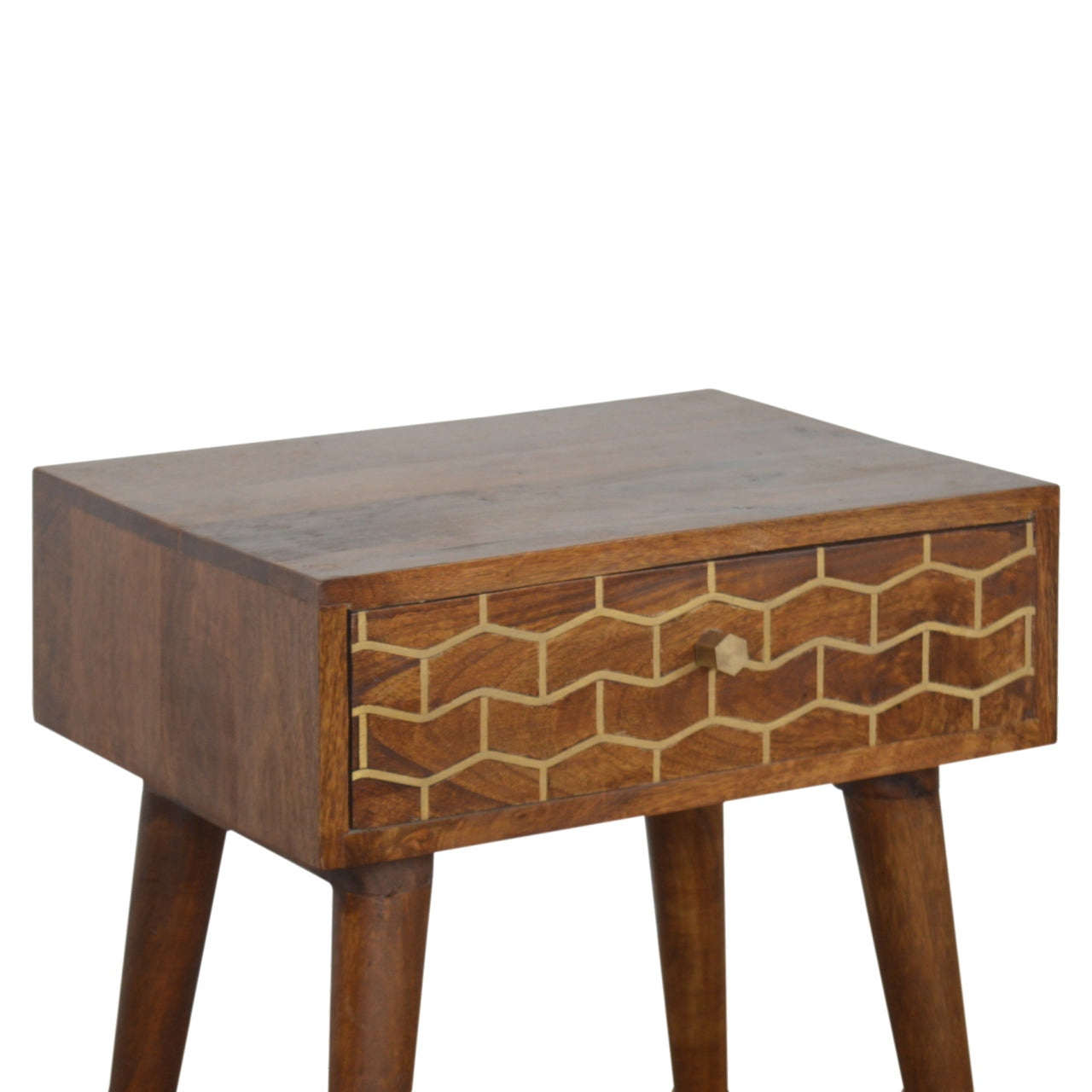 Gold Art Pattern Bedside Table | Chestnut Solid Mango Wood