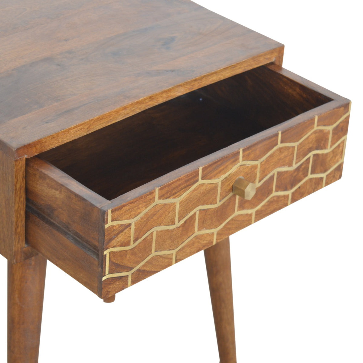 Gold Art Pattern Bedside Table | Chestnut Solid Mango Wood