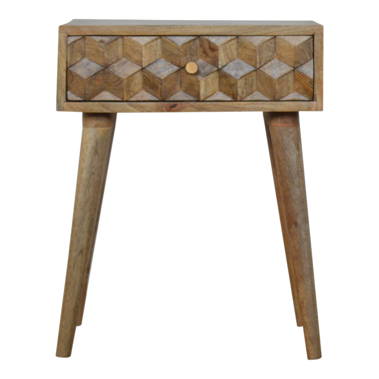 Cube Carved 1-Drawer Bedside Table | Oak Solid Mango Wood