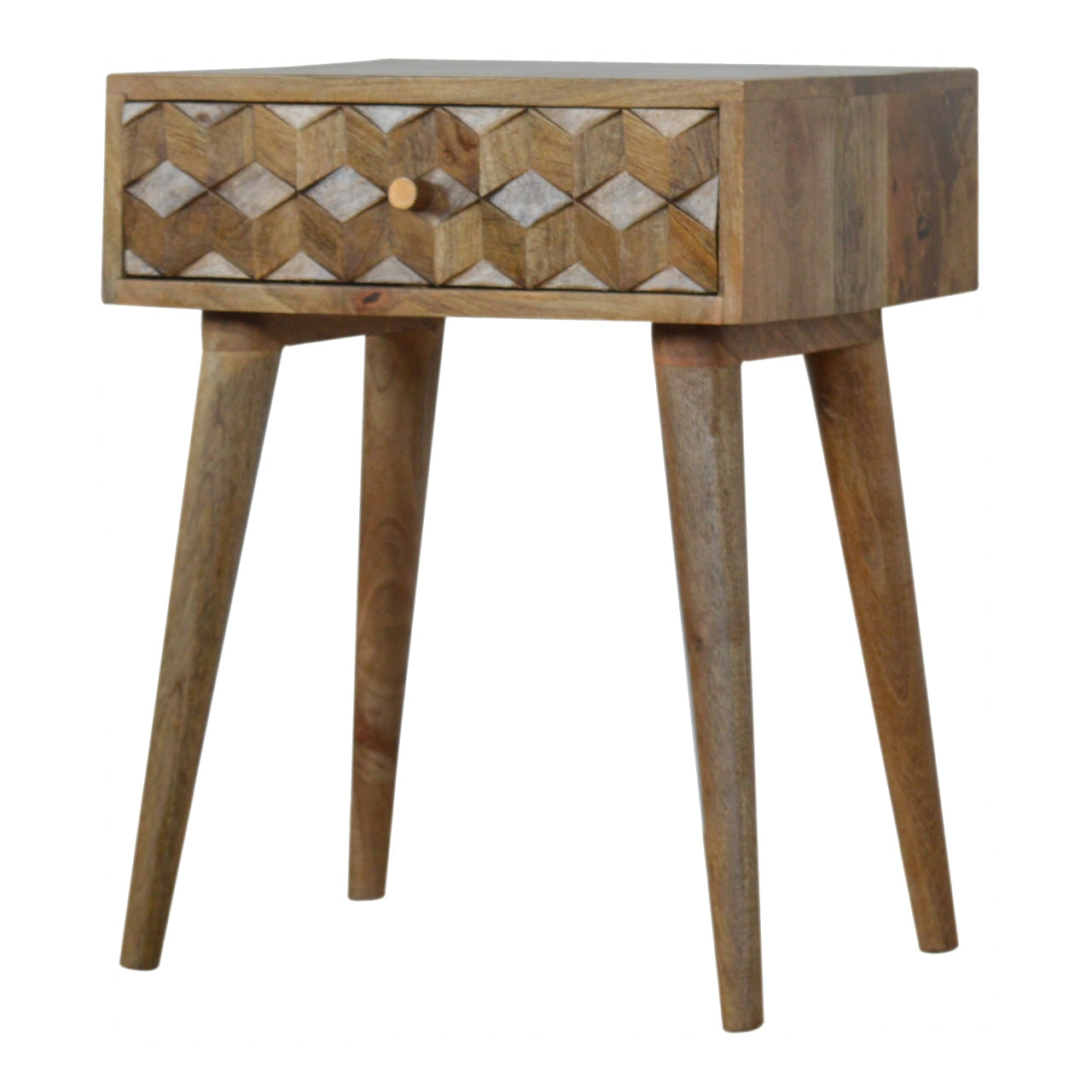Cube Carved 1-Drawer Bedside Table | Oak Solid Mango Wood