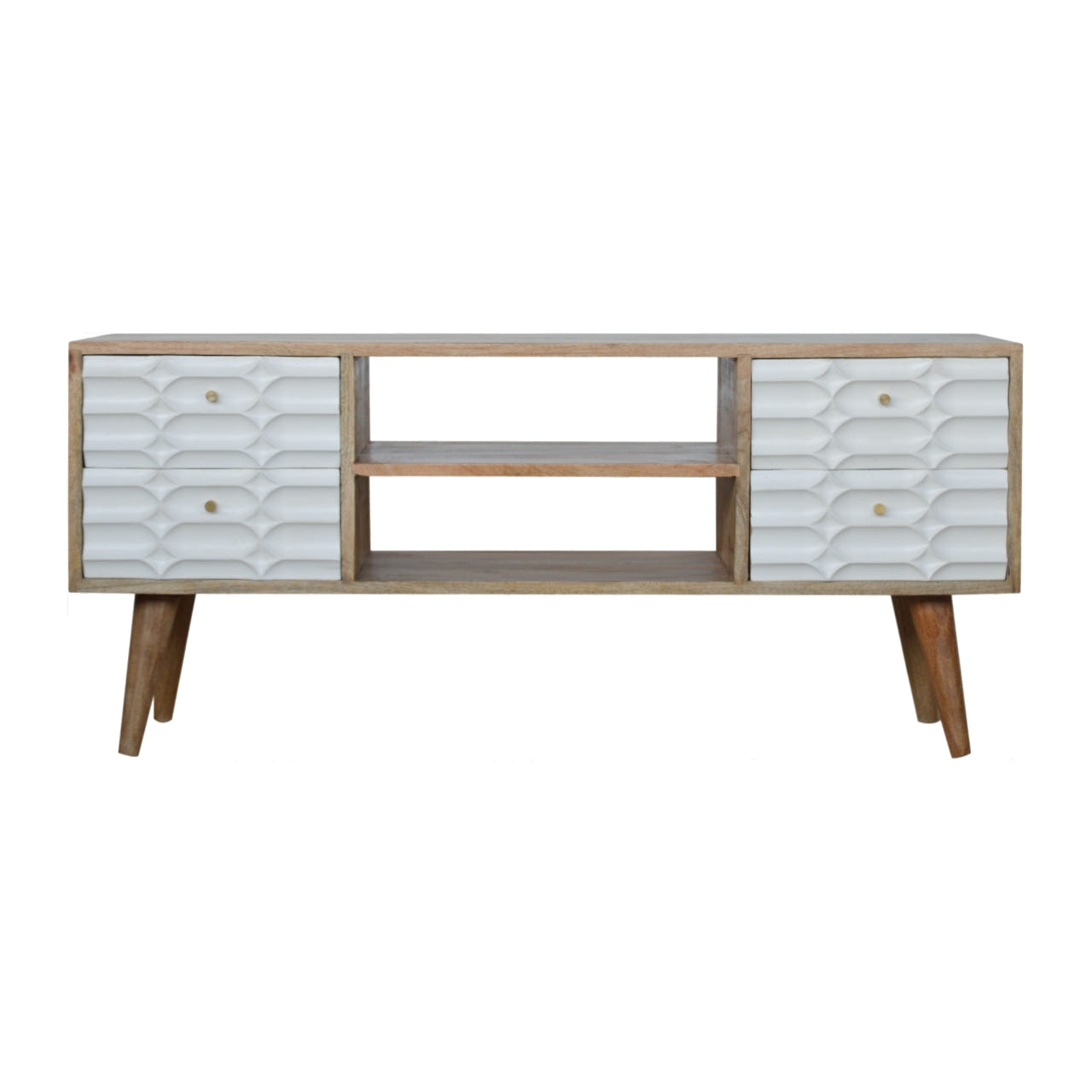 Capsule White Entertainment TV Media Unit | Oak-Ish Mango Wood Hand-Carved