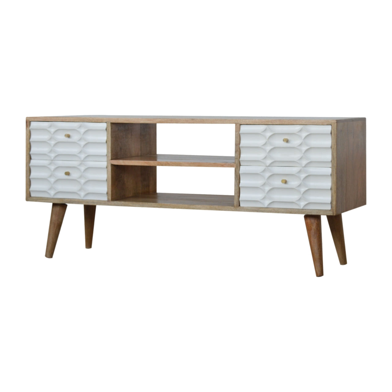 Capsule White Entertainment TV Media Unit | Oak-Ish Mango Wood Hand-Carved