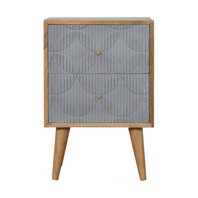 Geometric Carved Bedside Table | Oak Solid Mango Wood Hand-Carved