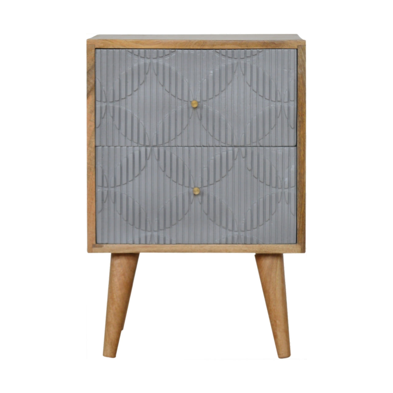 Geometric Carved Bedside Table | Oak Solid Mango Wood Hand-Carved