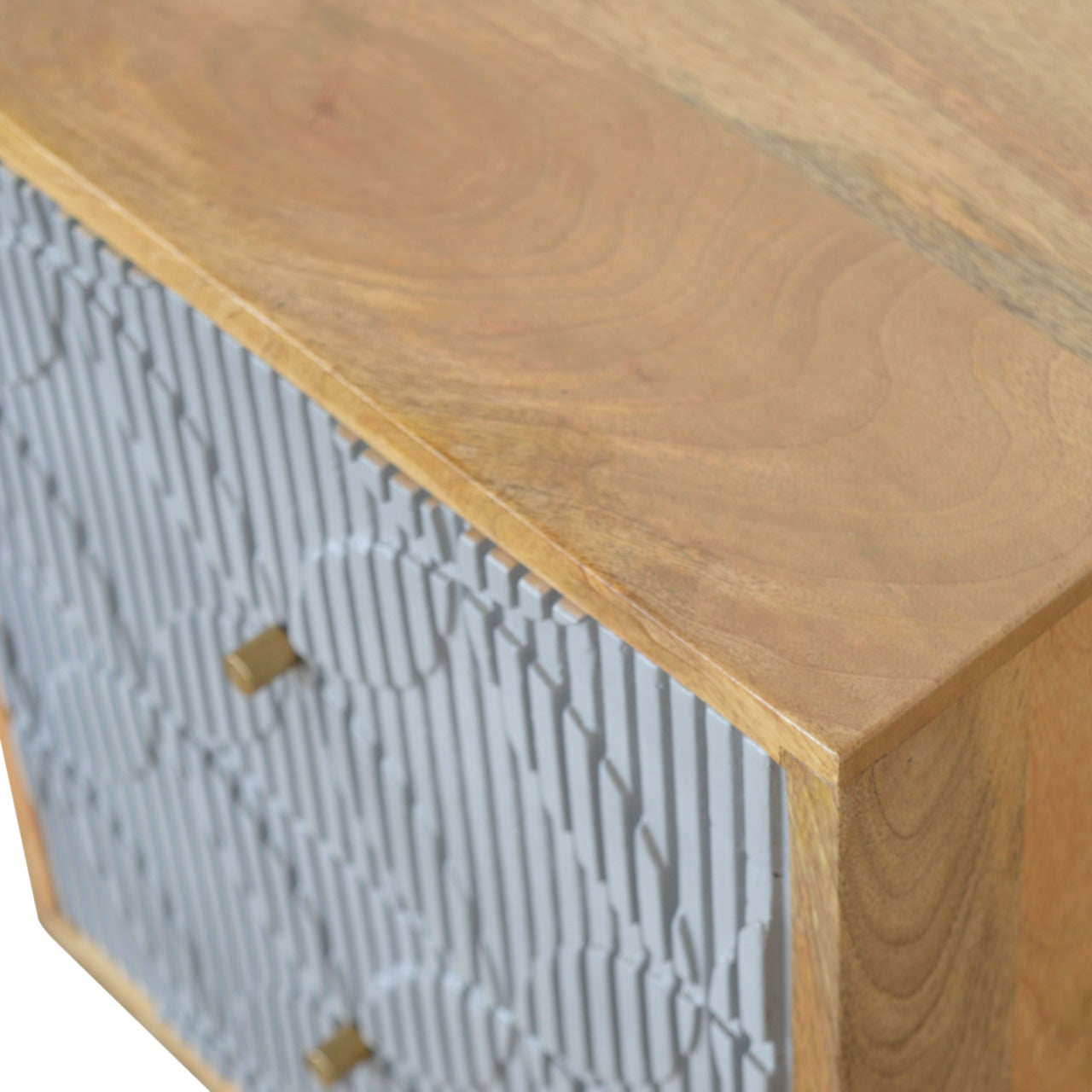 Geometric Carved Bedside Table | Oak Solid Mango Wood Hand-Carved