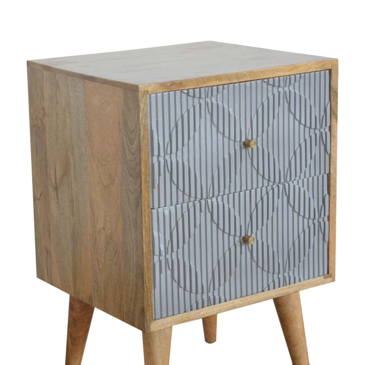 Geometric Carved Bedside Table | Oak Solid Mango Wood Hand-Carved