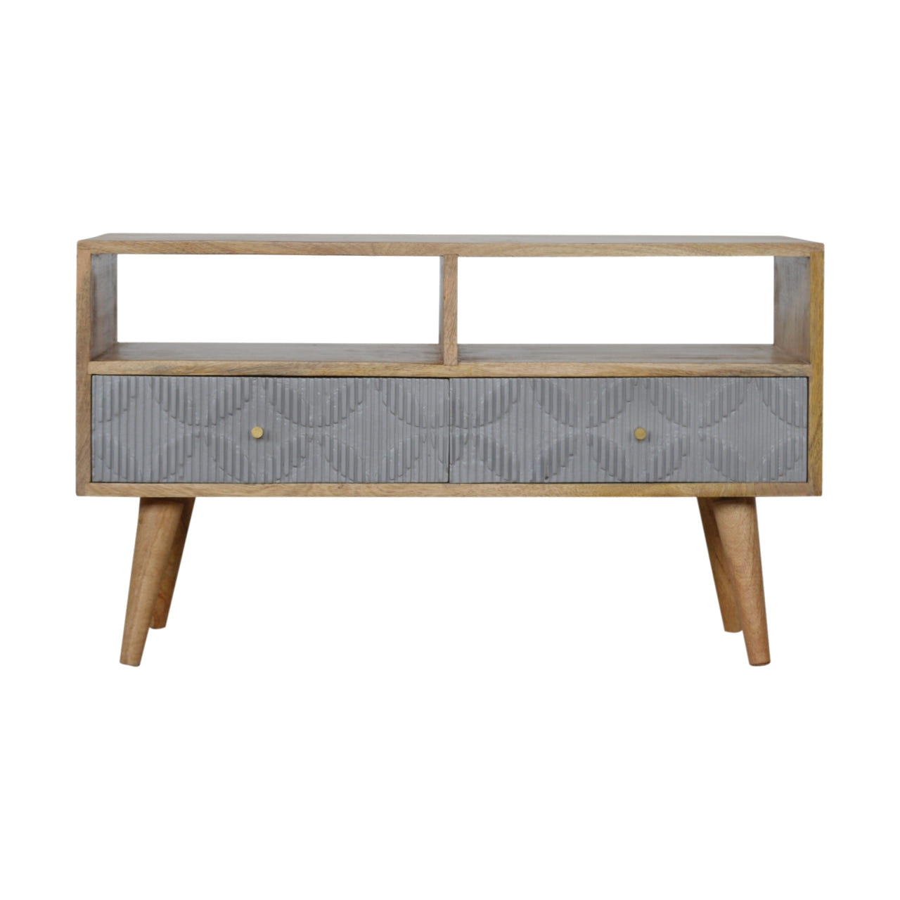 Geometric Carved TV Media Unit | Oak Solid Mango Wood Hand-Carved