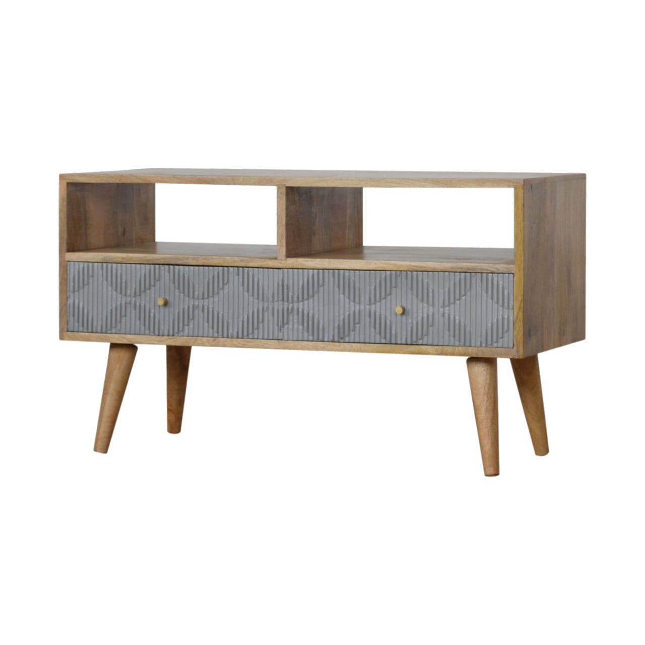 Geometric Carved TV Media Unit | Oak Solid Mango Wood Hand-Carved