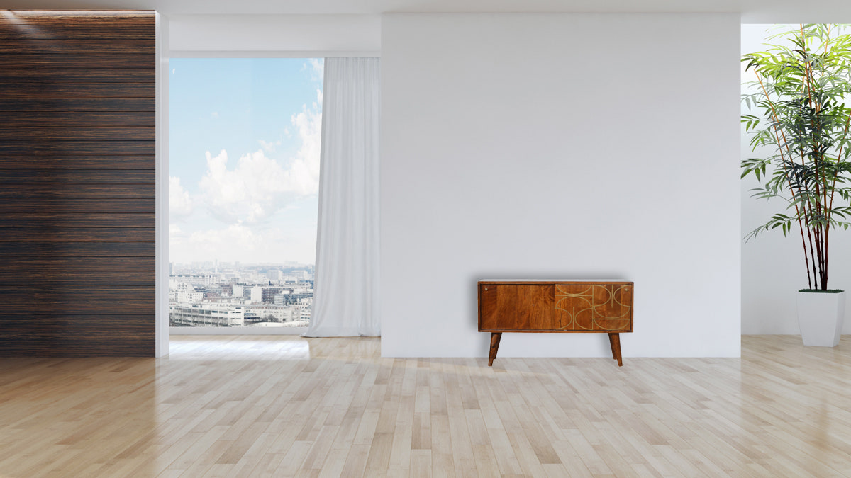 Chestnut Abstract Inlay Sideboard Chest of Drawers