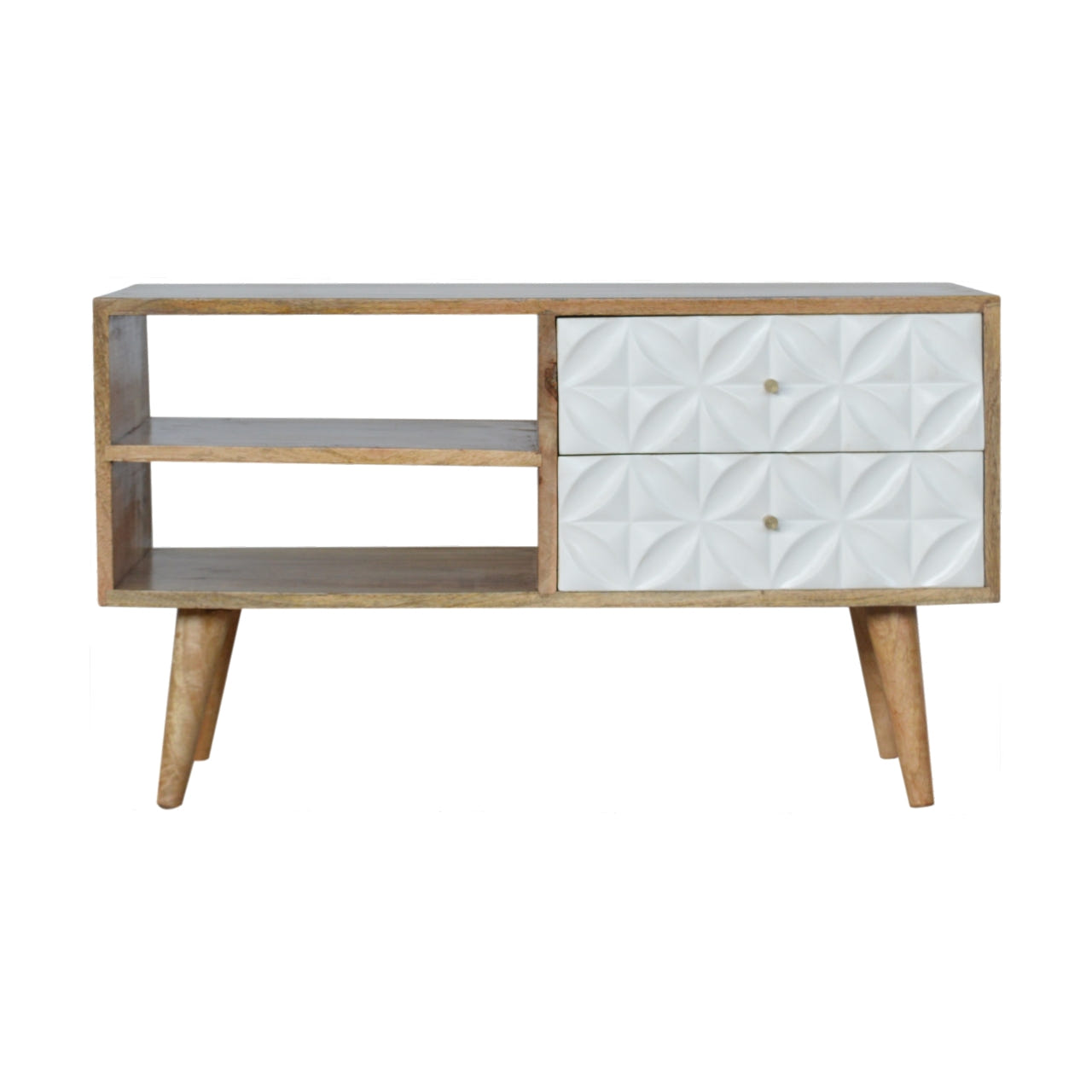 Diamond Carved TV Media Unit | Oak Solid Mango Wood Hand-Carved