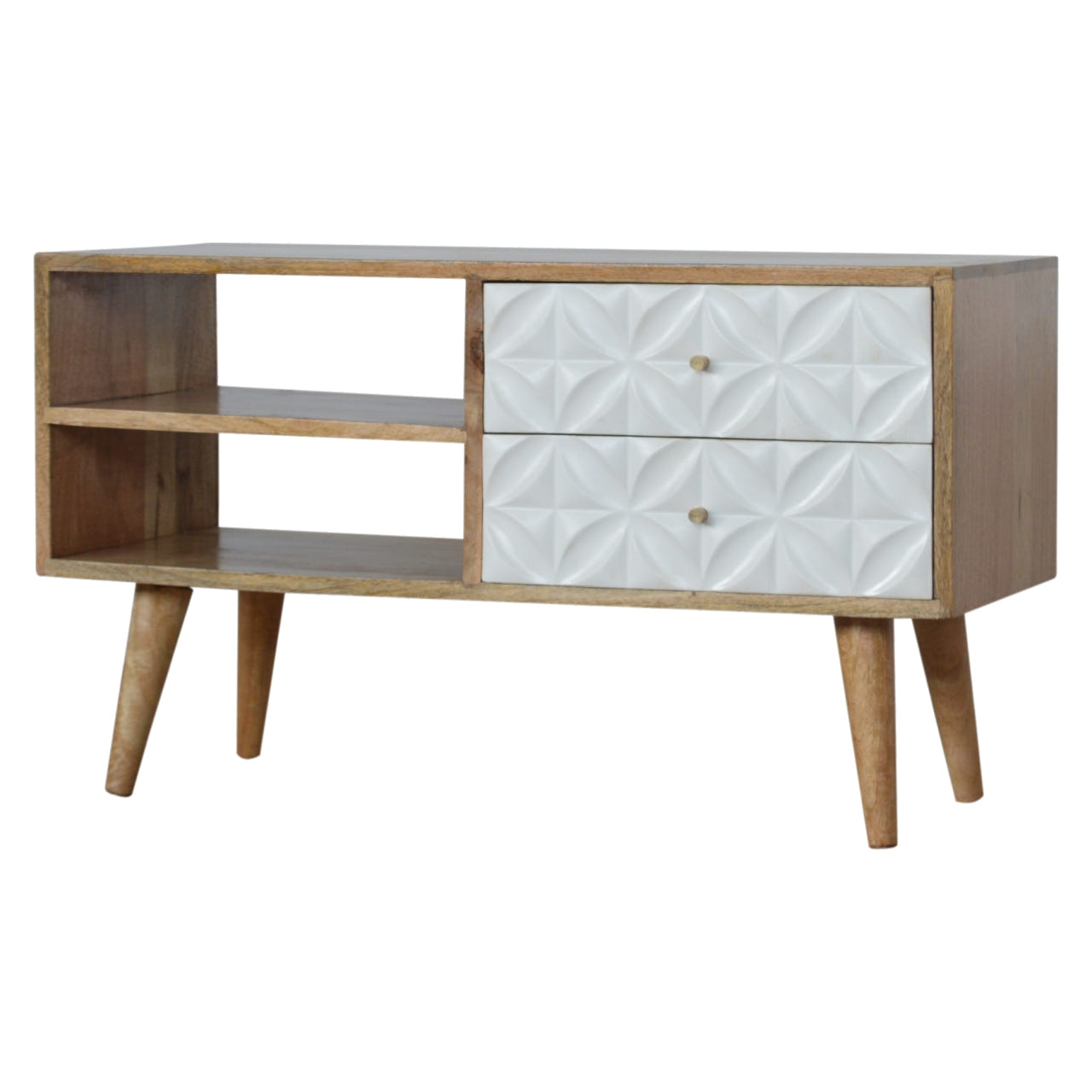 Diamond Carved TV Media Unit | Oak Solid Mango Wood Hand-Carved