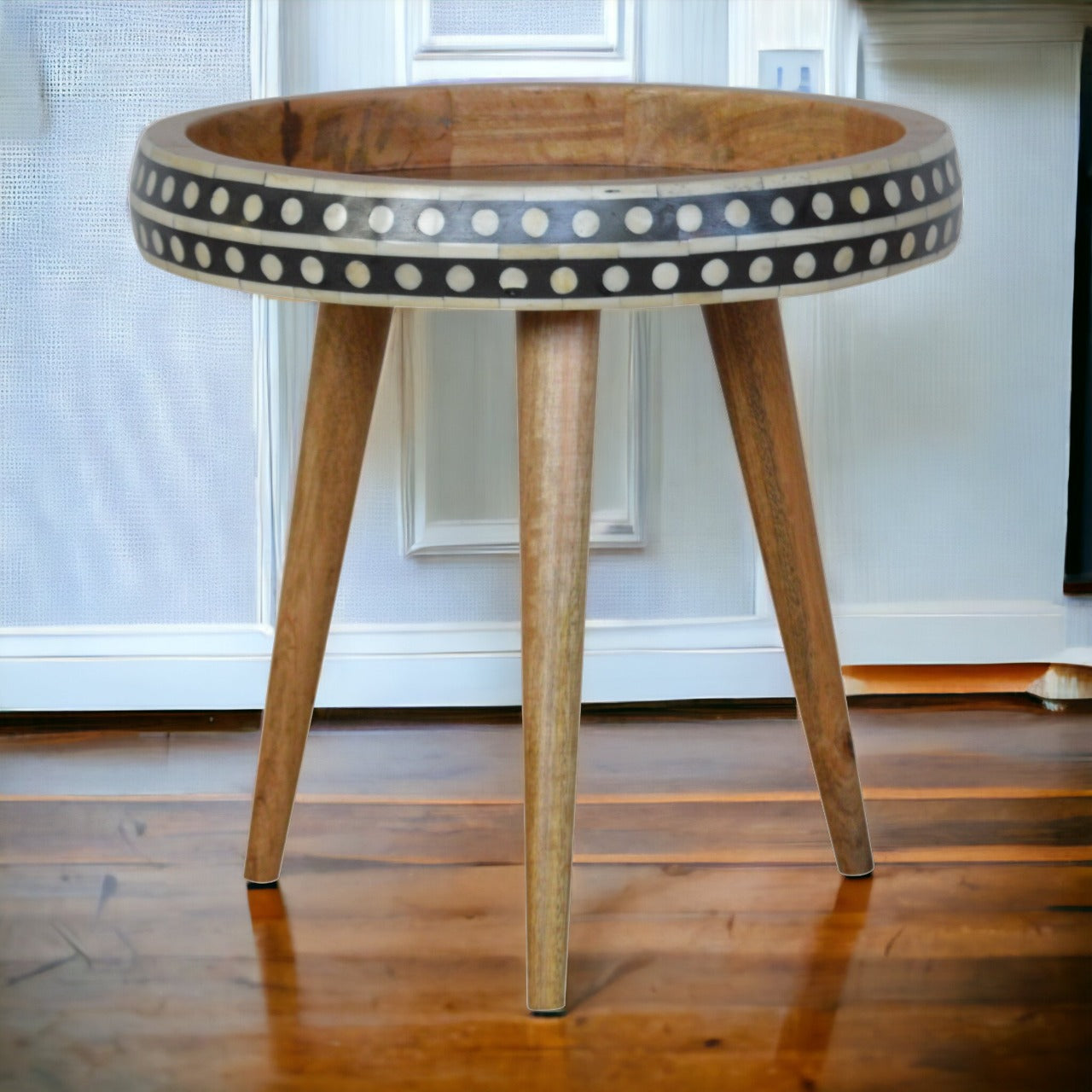 Small Dotted End Table Accent Piece | Oak-Ish Solid Mango Wood Tripod Base