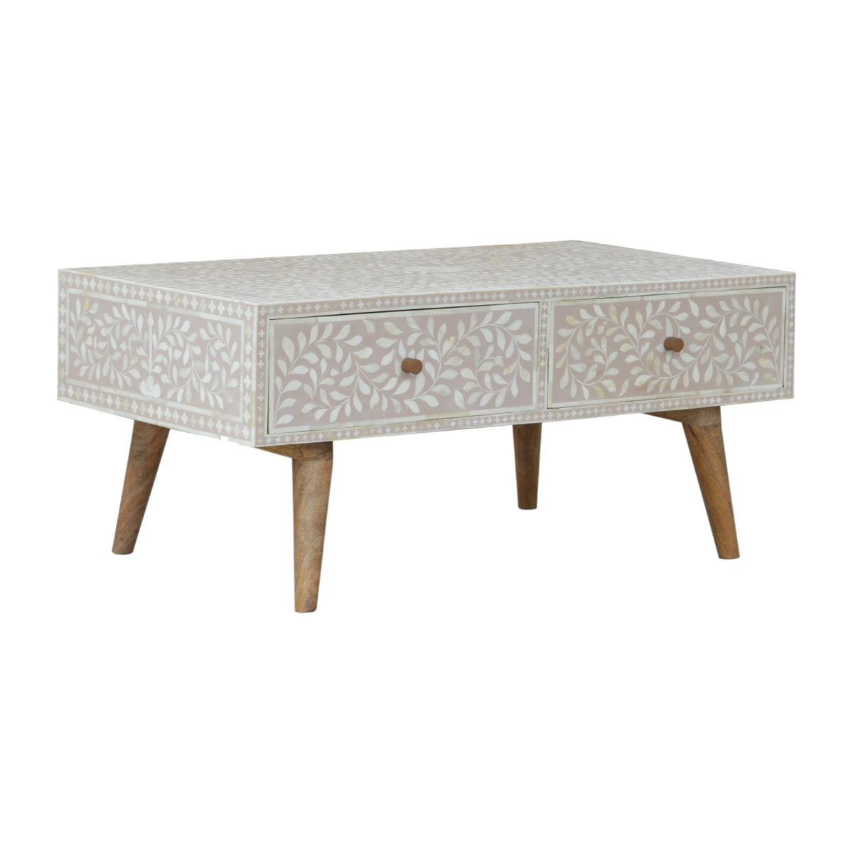Taupe Floral Bone Coffee Table | Oak-Ish Mango Wood
