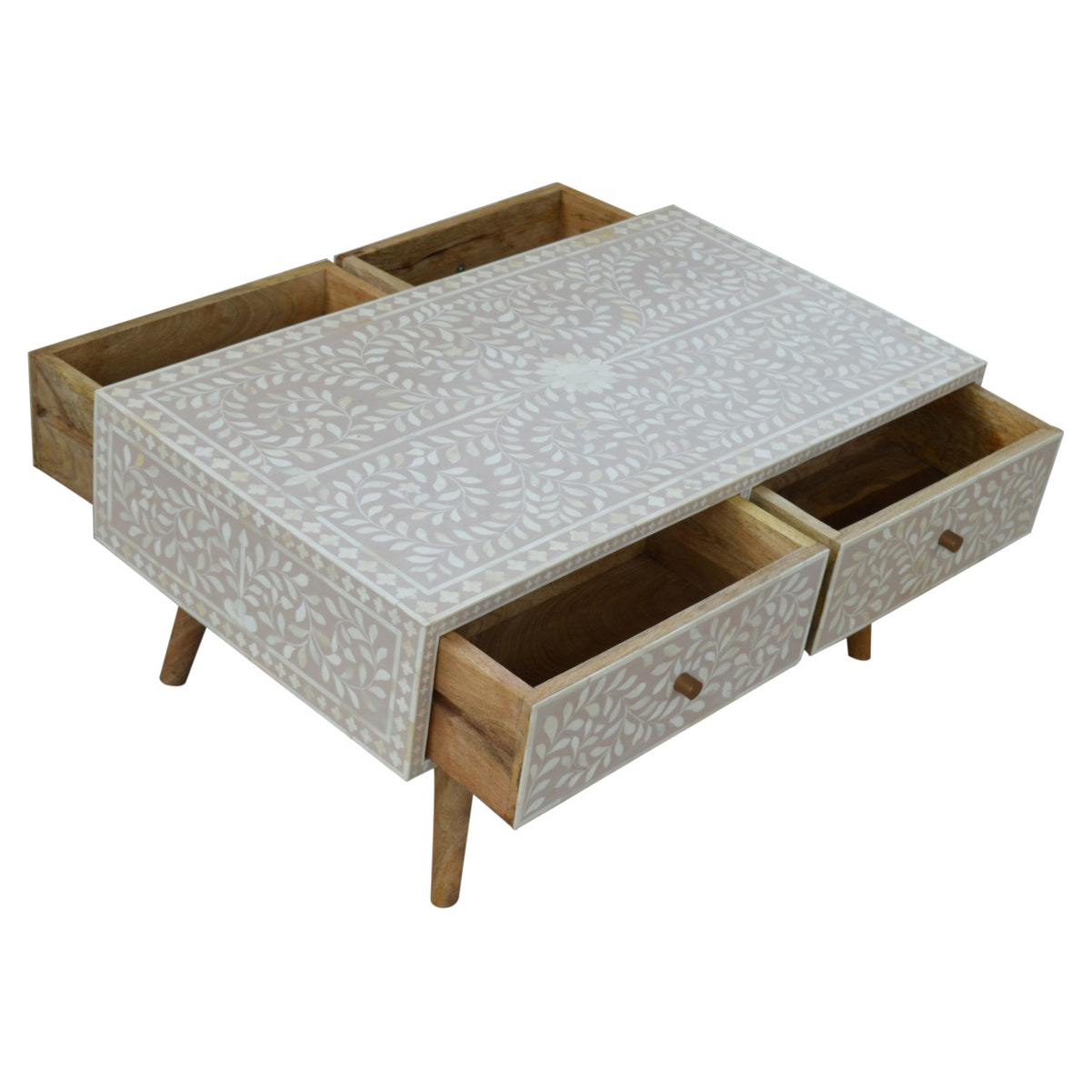 Taupe Floral Bone Coffee Table | Oak-Ish Mango Wood