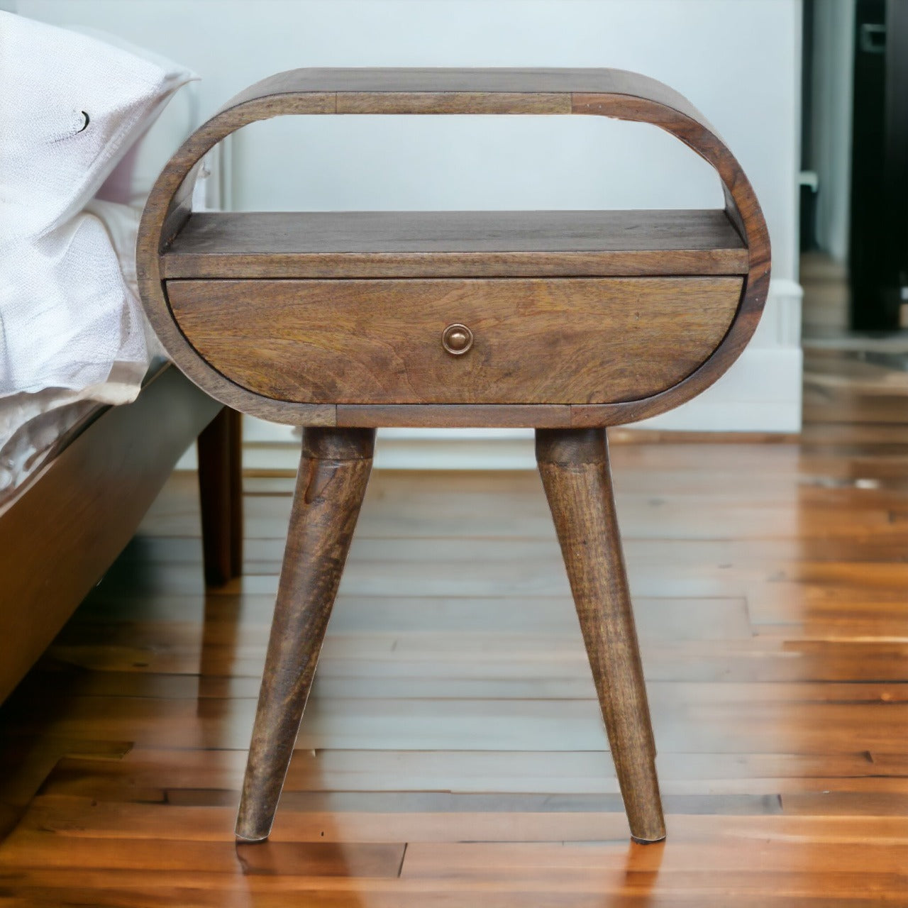 Grey Washed Circular Bedside Table