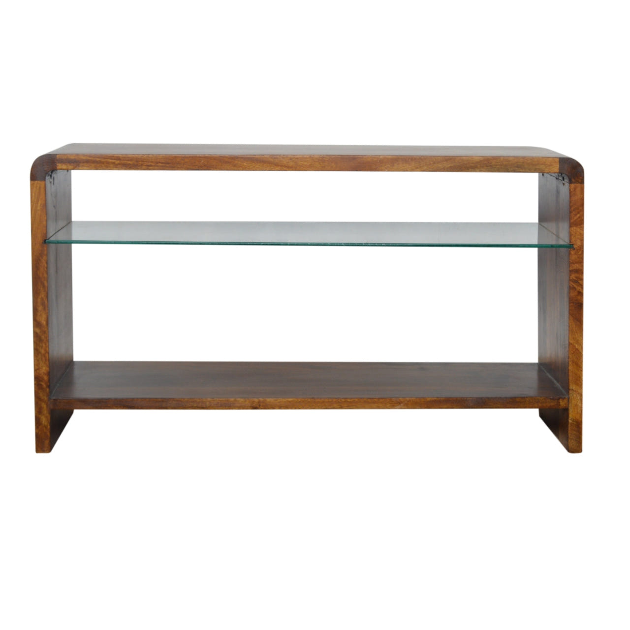 Chestnut Glass Shelf Chest of Drawers