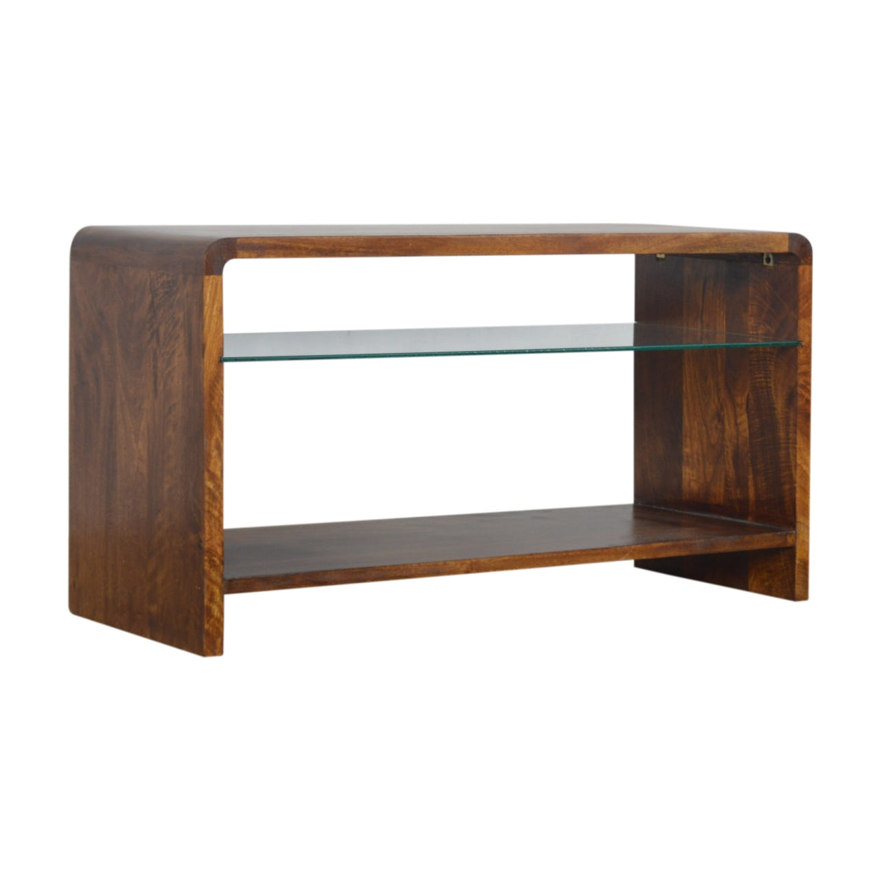 Chestnut Glass Shelf Chest of Drawers