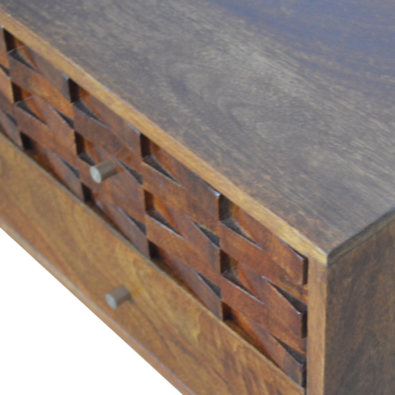 Tile Carved Chestnut TV Unit Chest of Drawers | Hand-Carved