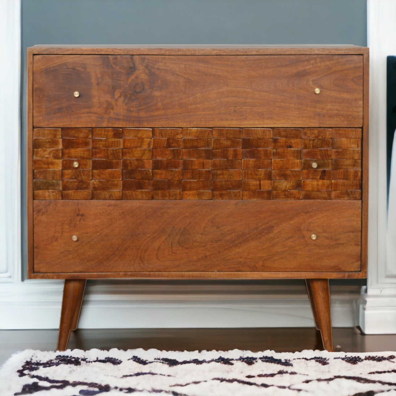 Tile Carved Chestnut Chest of Drawers | Hand-Carved