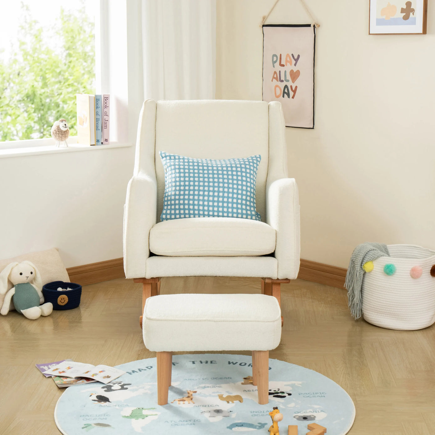Ida Nursing Chair & Footstool | Fabric Upholstery with Side Storage Pockets & Beech Wood Frame