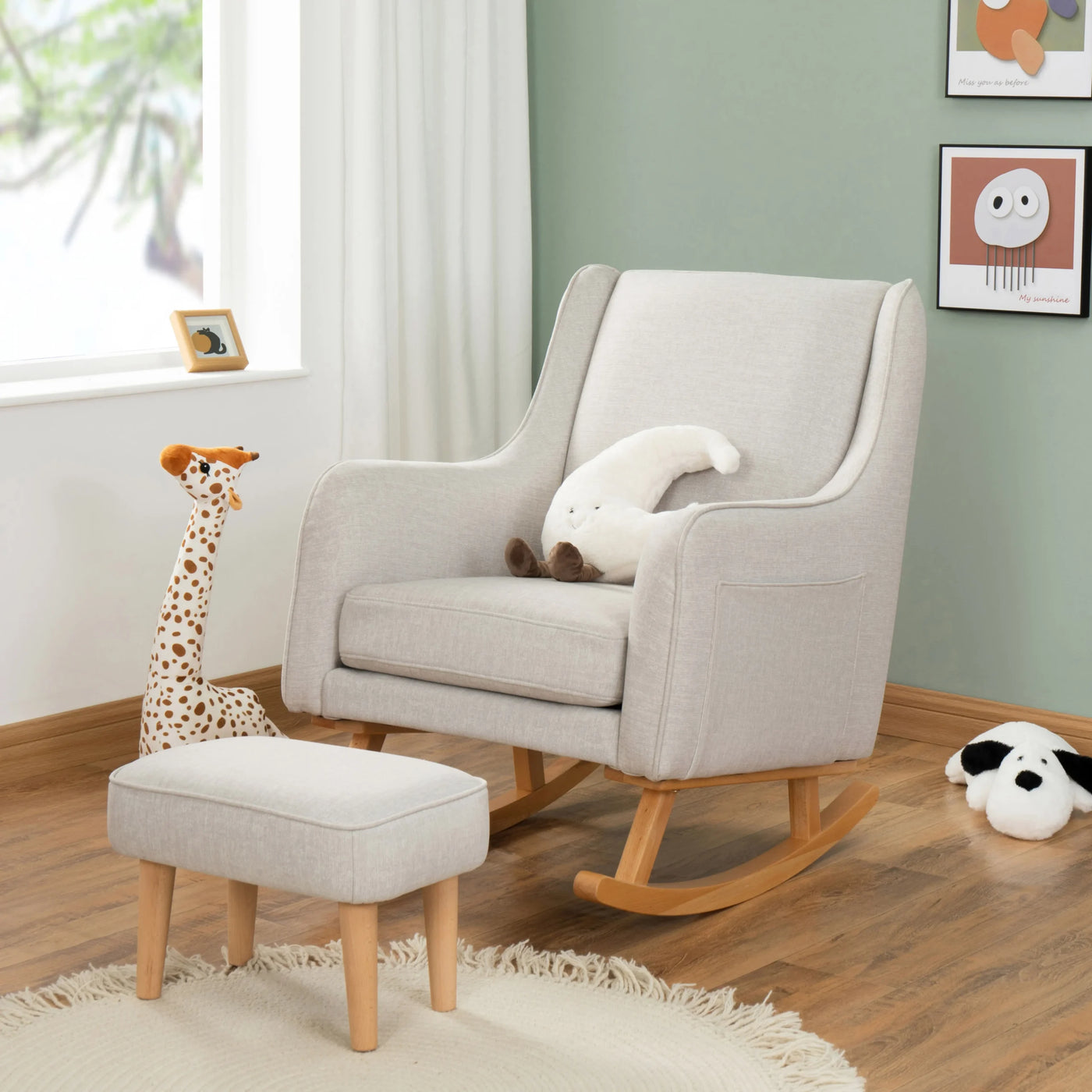 Ida Nursing Chair & Footstool | Fabric Upholstery with Side Storage Pockets & Beech Wood Frame Cashmere