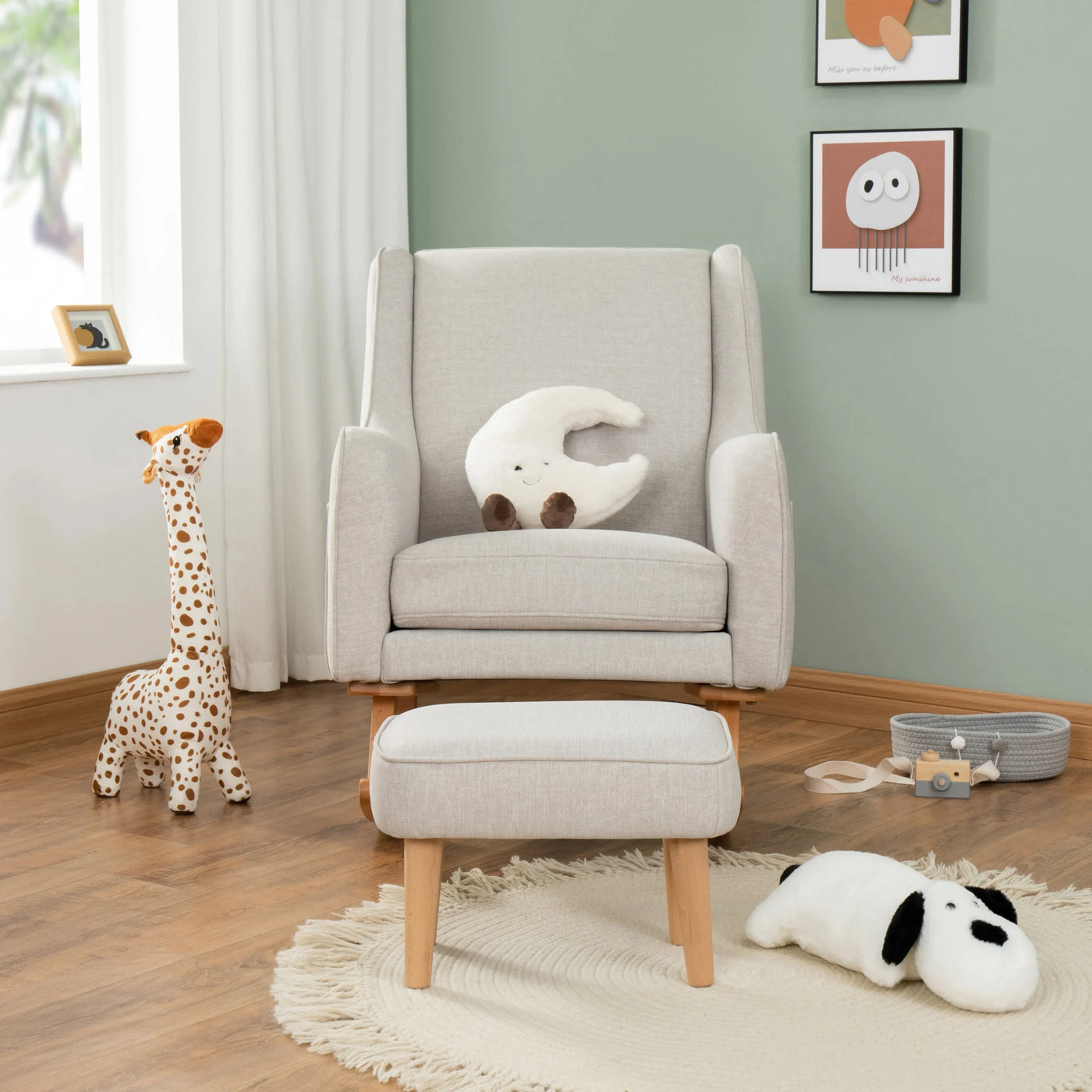 Ida Nursing Chair & Footstool | Fabric Upholstery with Side Storage Pockets & Beech Wood Frame
