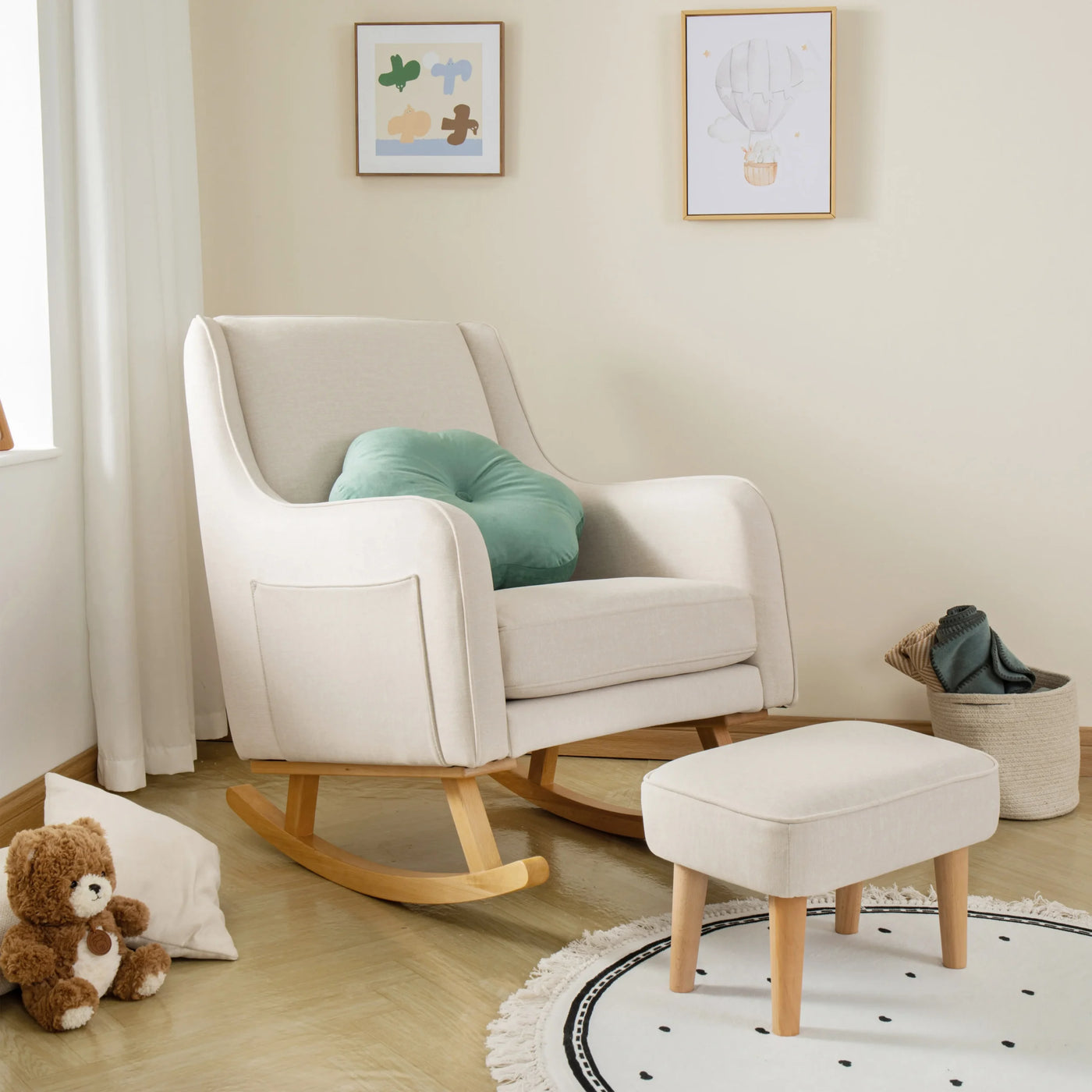 Ida Nursing Chair & Footstool | Fabric Upholstery with Side Storage Pockets & Beech Wood Frame Ivory