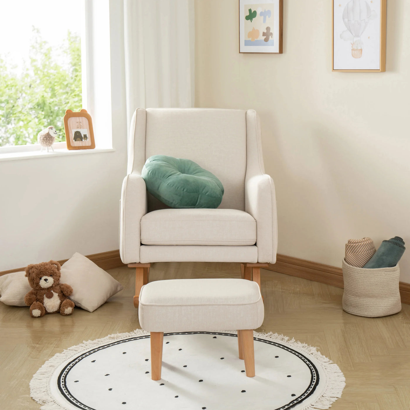 Ida Nursing Chair & Footstool | Fabric Upholstery with Side Storage Pockets & Beech Wood Frame