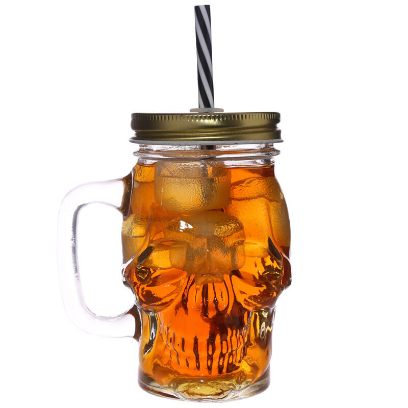 Glass Drinking Jar with Lid & Straw - Skull Shaped