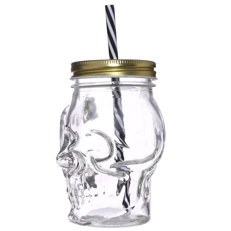 Glass Drinking Jar with Lid & Straw - Skull Shaped