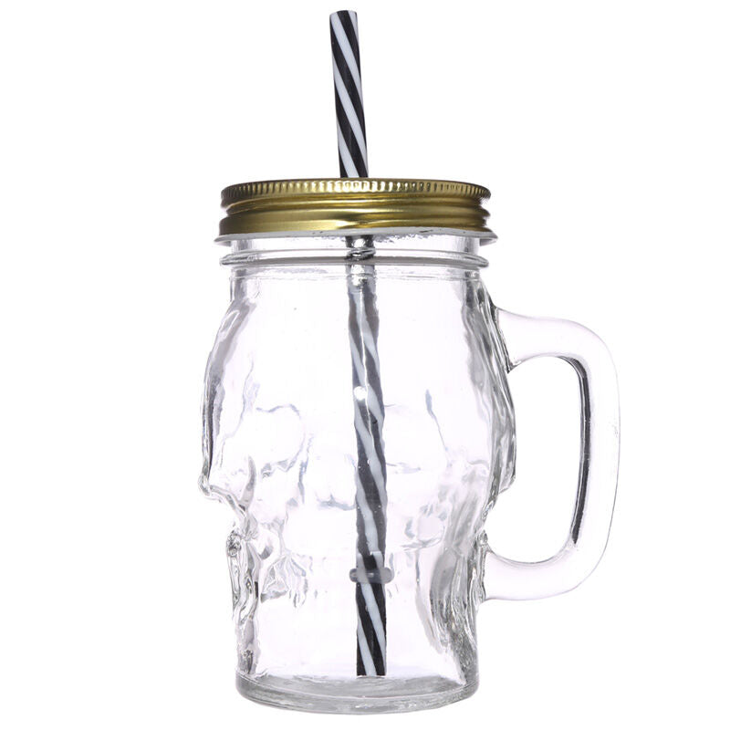 Glass Drinking Jar with Lid & Straw - Skull Shaped
